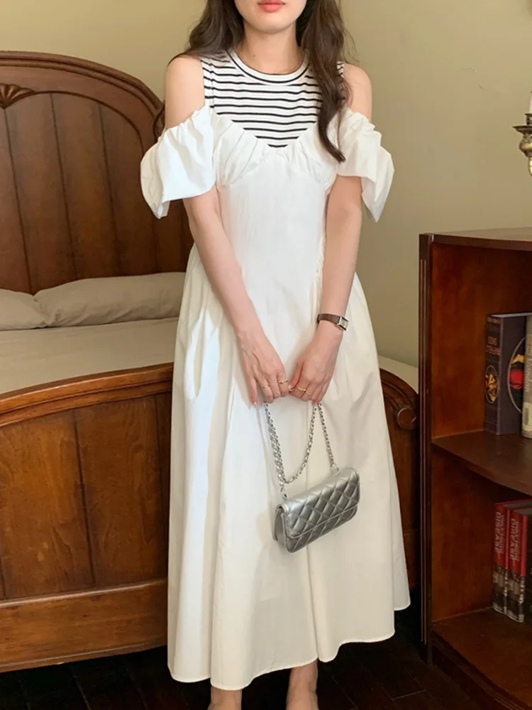 

Women Off Shoulder Spliced Stripe Dress Hollow Out Patchwork Elegant Female O-neck Dresses 2023 Summer New Trend Vestidos M981