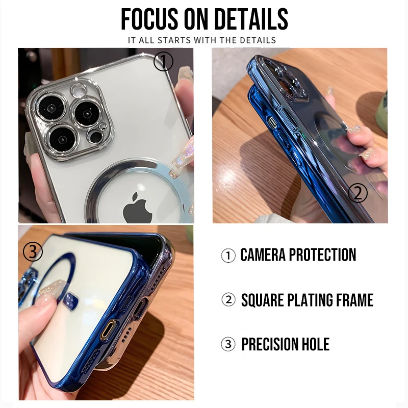 For iPhone 14 13 12 Pro Max Case Luxury Plating Clear Magnetic For Magsafe Wireless Charge Soft Silicone Cover for iPhone 14 Pro