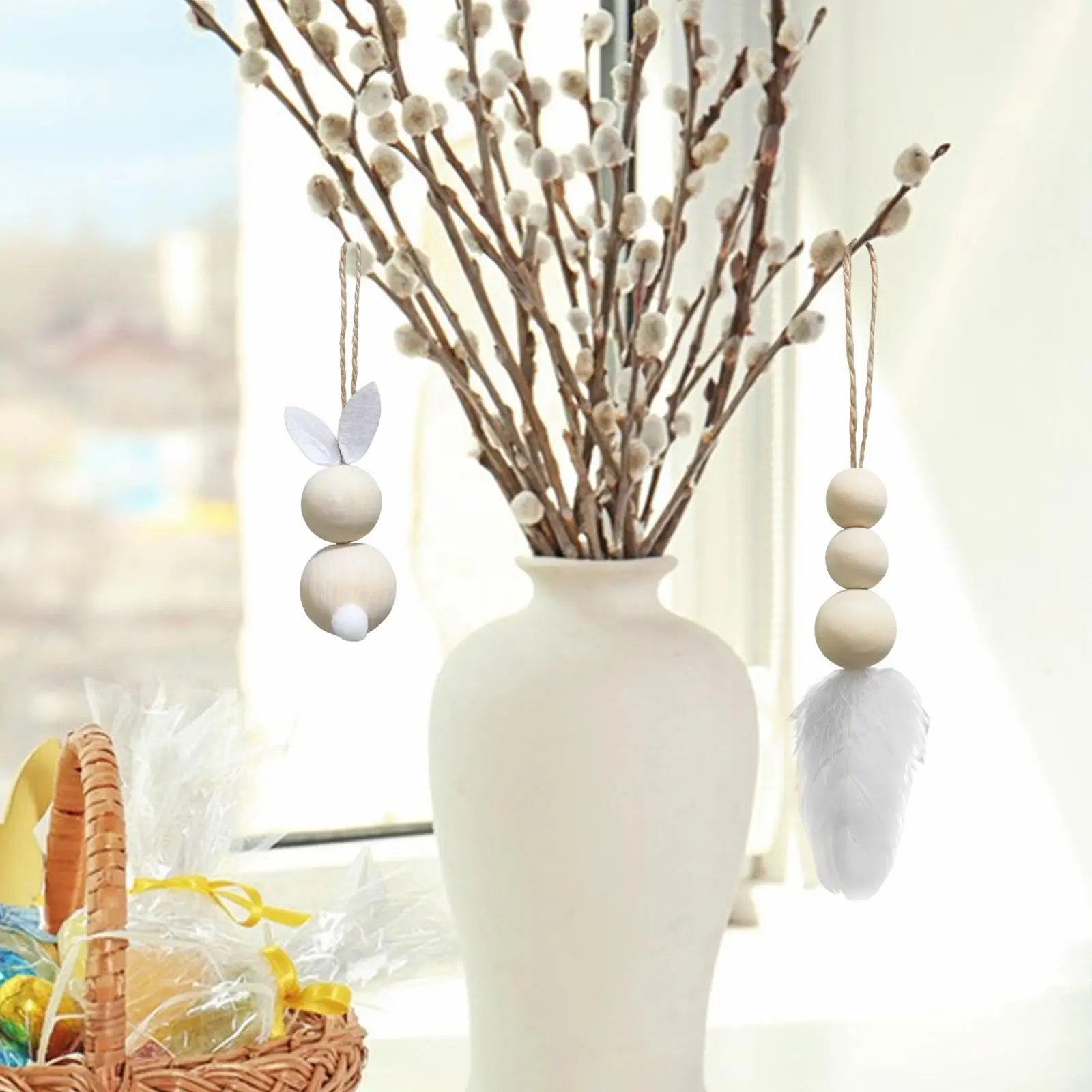 

2Pcs Rabbit Wooden Beads Garland String Farmhouse Pendants Hanging Ornaments