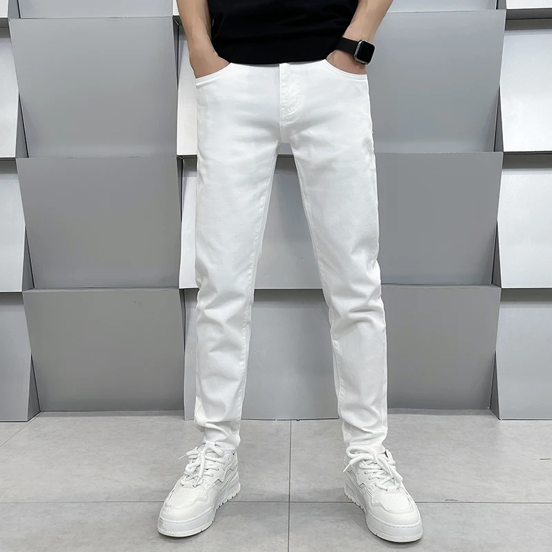 Thin White Jeans Men's High-End Jeans Men's Slim-Fitting Straight Pants for Spring and Summer Casual Versatile Pants Men's