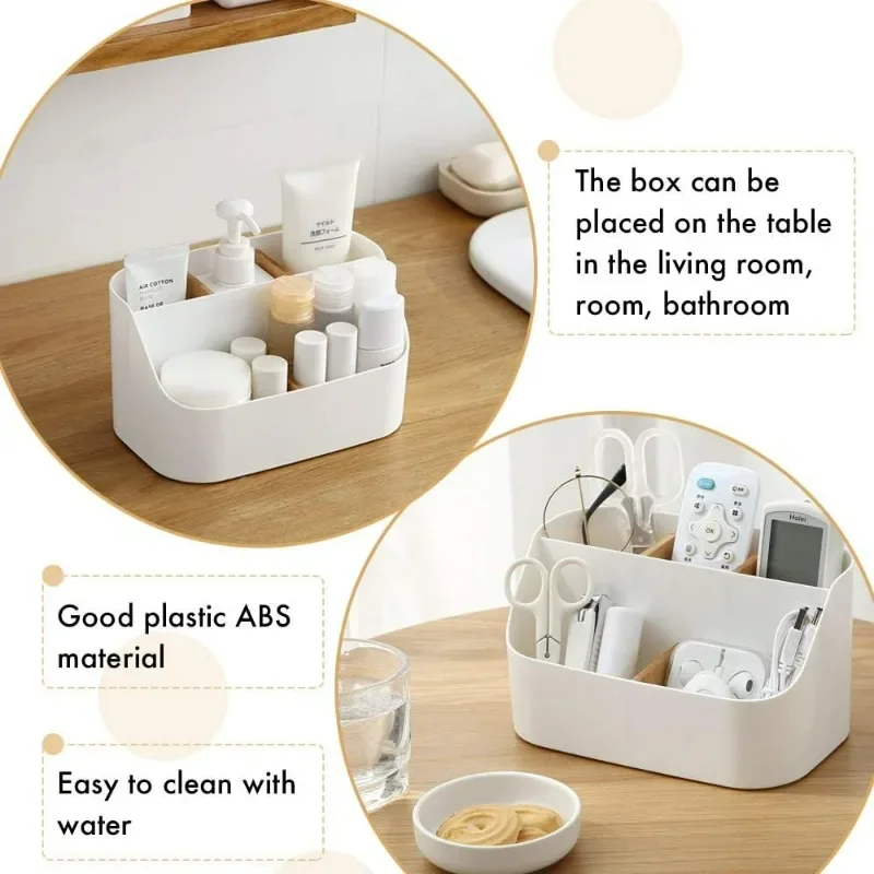 Organizer da scrivania, organizer e accessori per ufficio, porta pennelli per trucco, porta telecomandi con divisorio mobile in legno - immagine 5