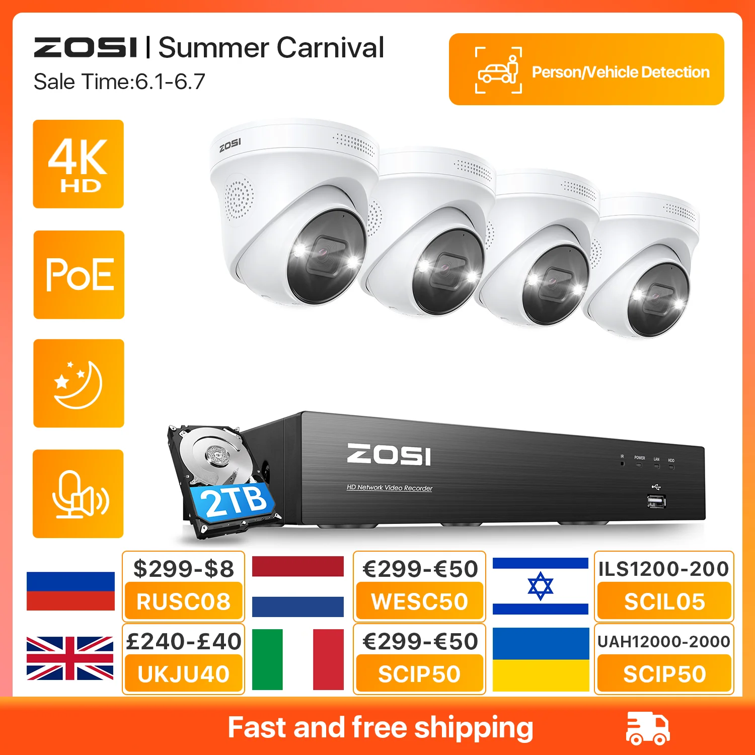 ZOSI 4K PoE Video Surveillance Cameras System 8 Ports 16CH 8MP CCTV NVR Person/Vehicle Detect 8MP/5MP Out/Indoor Security IP Cam