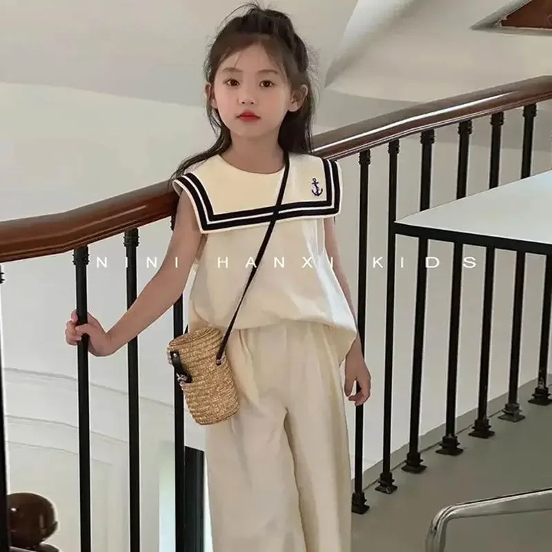 Girls Casual Summer Korean Style Children's Stylish Navy Collar Sleeveless Top Bell Bottoms 2-piece Set 3