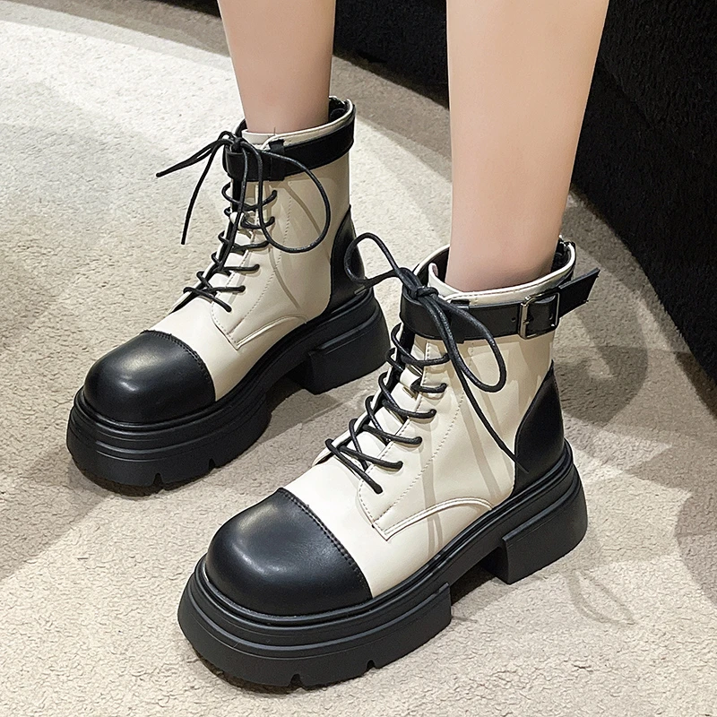 

Женские кожаные ботильоны на шнуровке, ботинки с пряжкой и застежкой-молнией сзади, Осень-зима 2023