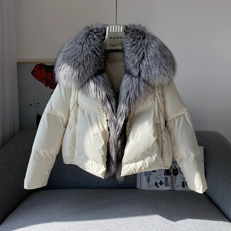 Zdfurs*2022 Winter New Haining Silver Fox Fur Collar Goose Down Fur Down Jacket Women's Short