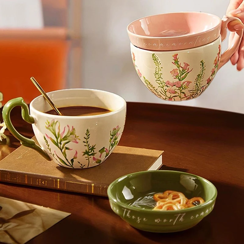 Chinese Style Ceramic Gift Cute Mug, Home Personal Office Creative Hand Drawn Flower Patterns, Milk Water Coffee Cup, 460ml, 1Pc