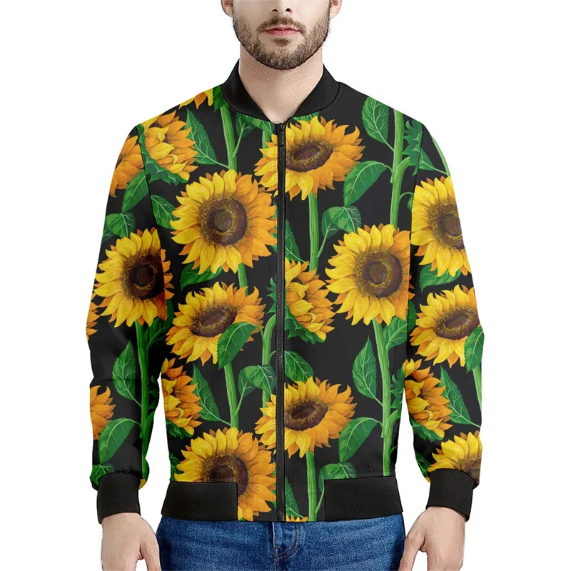 thumbnail image 1 of Chaqueta con cremallera y estampado 3D de girasoles para hombre, sudaderas con capucha y estampado floral de plantas, abrigos de gran tamaño de manga larga para la calle, 1 of 4