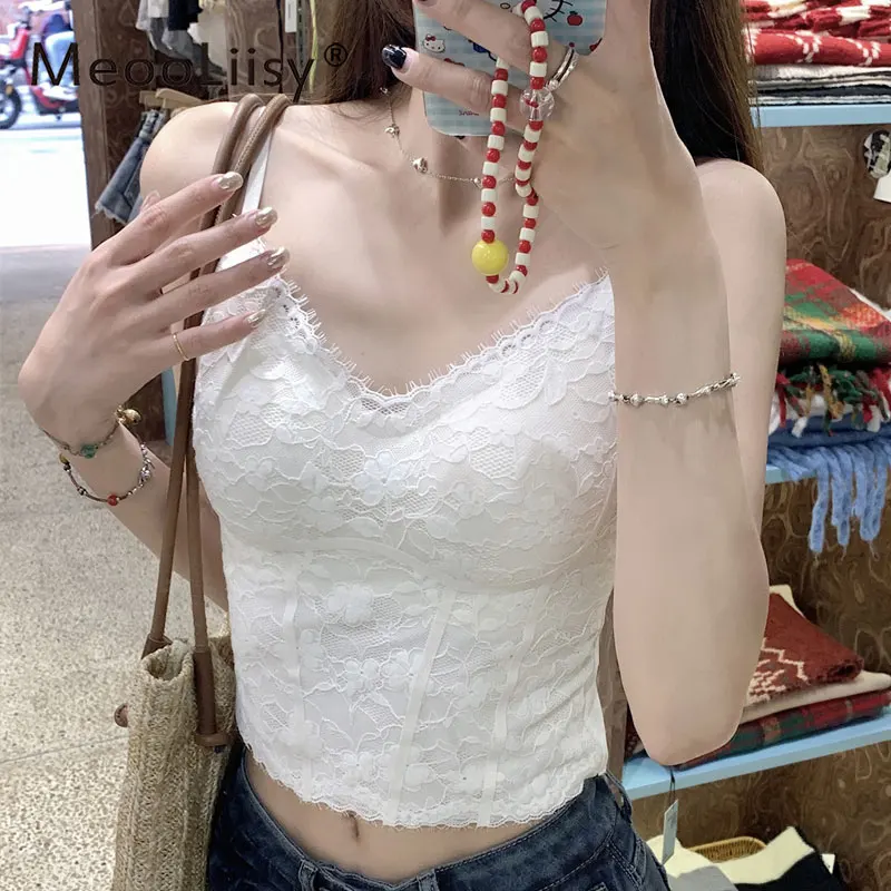 Meooliisy ren hoài cổ hoa áo cami nữ không tay với miếng đệm ngực áo ba lỗ mỏng camis áo hở eo vẻ đẹp Áo ngực lưng đồ lót