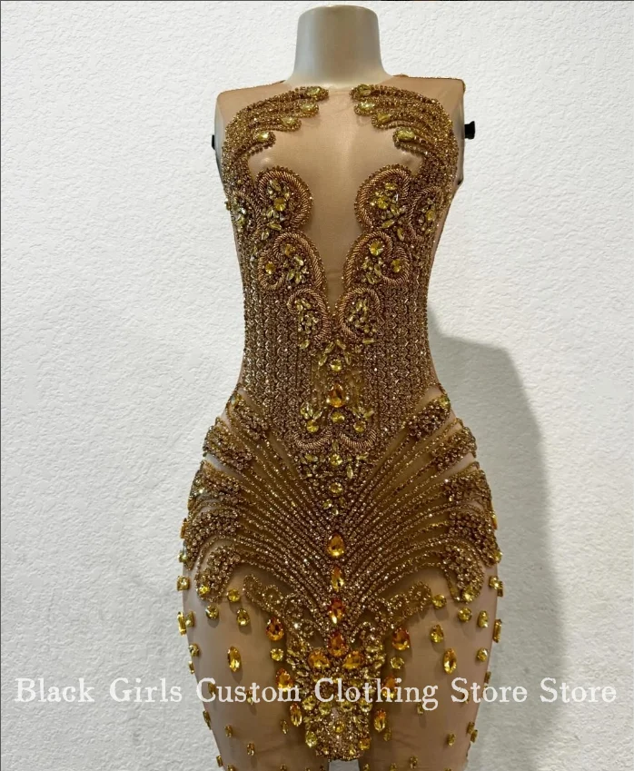 Luxury Gold Diamante Short Cocktail Dresses Women Sexy Crystal Rhinestone Prom Celebrity Gowns Robes Habill&eacute;es Custom