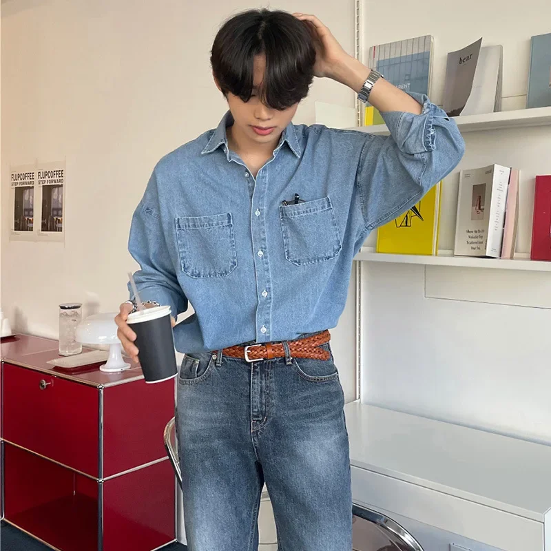 Men's Denim Long-sleeved Pocket Shirt Casual Korean Turn down Button Streetwear Luxury Big Size Stylish 2024 Spring Clothing