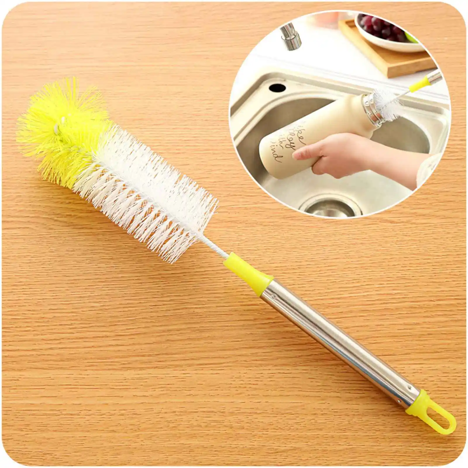 Curved Round Head Stainless Steel Handle Bottle Cleaning Brush 360 Degree Cleaning Cup Brush Color Random