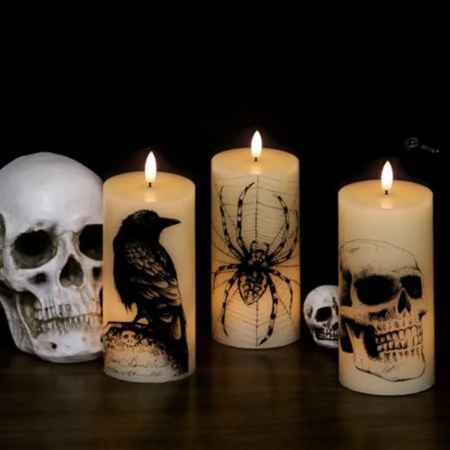 Halloween Flickering Candles Remote with Skull Spider Web Crow Raven Decals Set of 3 Battery Operated Halloween Themed LED Cand