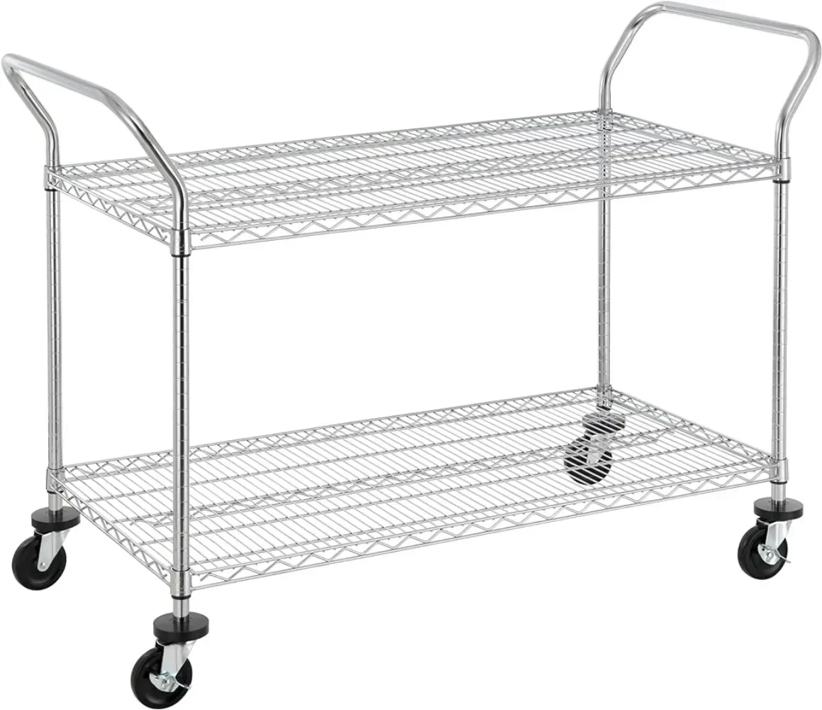 

2-Tier Commercial Grade Rolling Metal Serving Cart, Heavy Duty Utility Cart with Wheels Handles