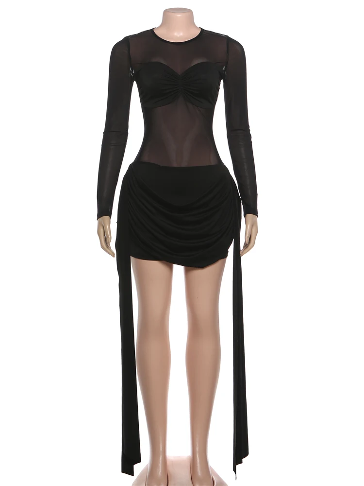 Nibber Long Ribbon Decoration Sexy See Through Mini Dresses Woman o-Neck Full Sleeve Midnight Prom Party Ruched Elegant Bodycon