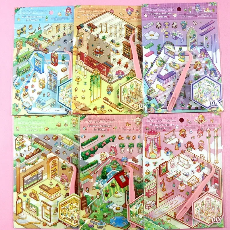 Baby Miniature World Kid Cartoon Handmade Toys Stickers DIY Supermarket Camping Fairy Tale Scrapbooking Stationery 3D Paster