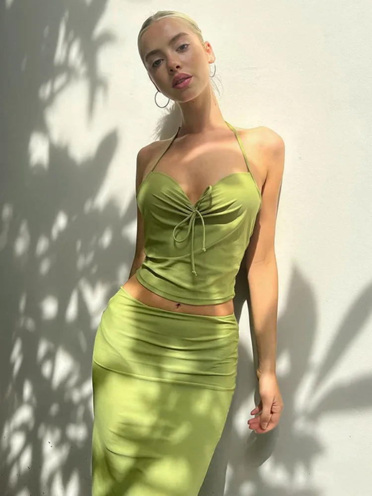 

Green Sexy Two Piece Skirt Sets Neck-Mounted Conjuntos De Falda V-Neck Lace-Up Mini Tops Angle Length Beach Outfits For Women