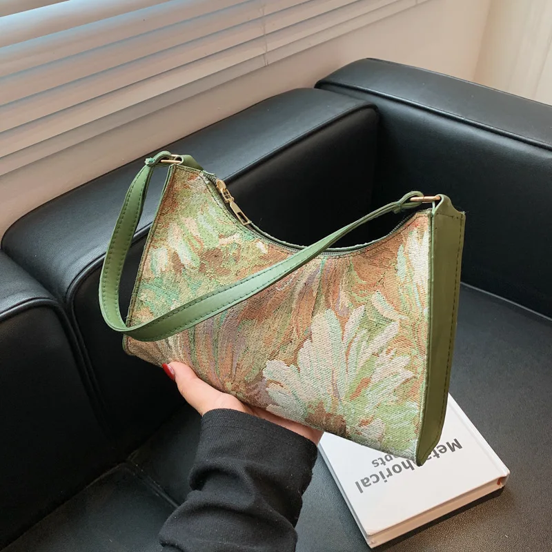 Womens Shoulder Bag Fashion Vintage Oil Painting Design Simple Flower Female Armpit Hobos Small Clutch Handbag Totes