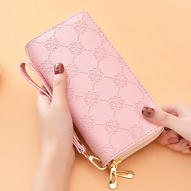 Women's Long Wallet Shiny Leather Double Zipper Clutch Bag Large Capacity Double Layer Phone Pocket Matte Wrist Strap Purse