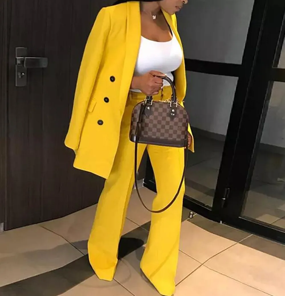 Yellow Women's Business Leisure Double breasted Office Commuter Suit Lapel Wedding Evening High Street Suit (Jacket+Pants)