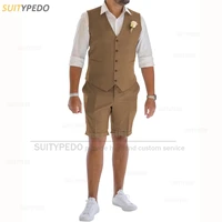 Linen Suits for Men 2 Pieces Casual Slim Fit Suit Vest with Shorts Set Prom Wedding Tuxedos for Groomsmen ( Waistcoat+Pants ) 2