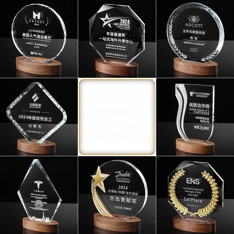 Customized Glass Crystal Trophy, Competition Outstanding Employee Group Awards Wooden base Medal, Souvenirs Home Decoration, 1Pc