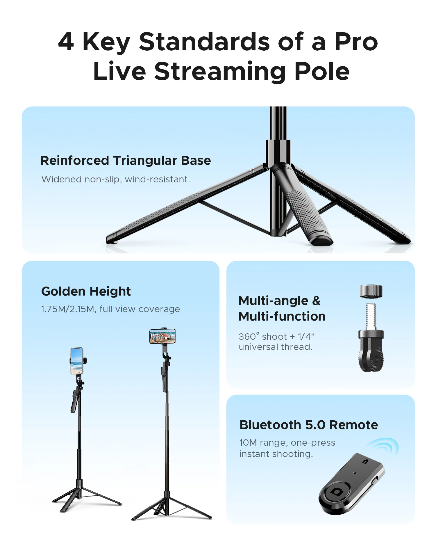 ORICO 2.15m 알루미늄 셀카봉 삼각대 BT 리모컨 360 °   아이폰 휴대폰 카메라 라이브 스트리밍 여행용 회전 가능