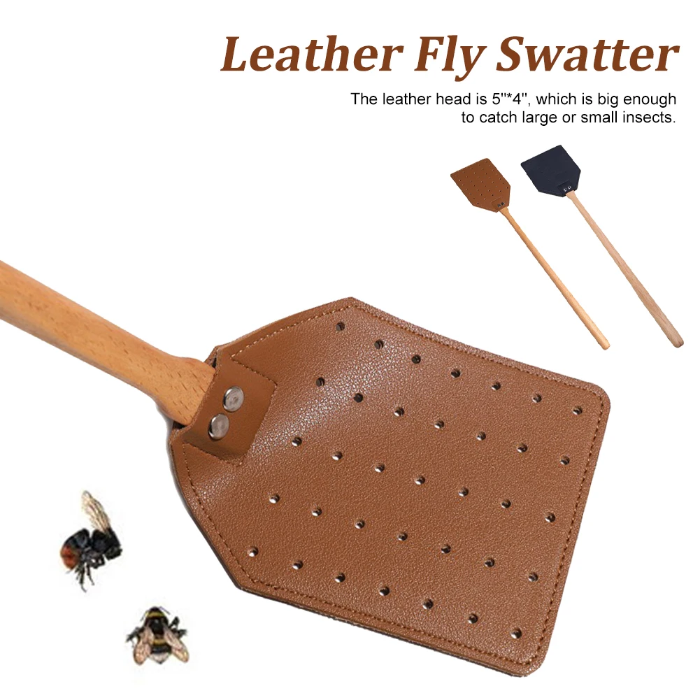 1PCS Portable PU Leather Fly Swatter Handheld Manual Mosquito Swatter With Wooden Long Handle For Home Indoor Outdoor Garden