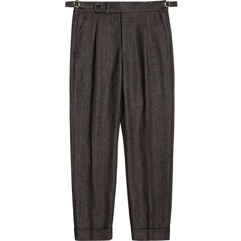2024 Autumn Winter Men Trousers Long Pants Wool Tweed  Classic Office Straight Male Retro Herringbone Business Suit Pant Q16 5