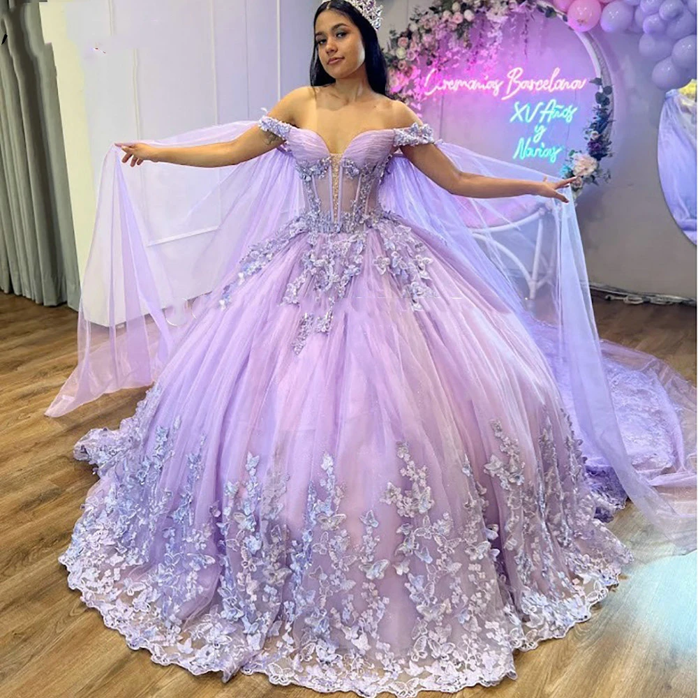 

ANGELSBRIDEP 3D бальное платье бабочка Lilac Quinceanera платья с накидкой кружевные милые 15 платья 15 лет корсет