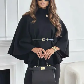 HXAO معطف نسائي قصير معاطف الرأس للنساء حزام فو الصوف ويمزج معاطف الخريف الشتاء الصلبة معاطف أنيقة عباءة سترة السيدات 3