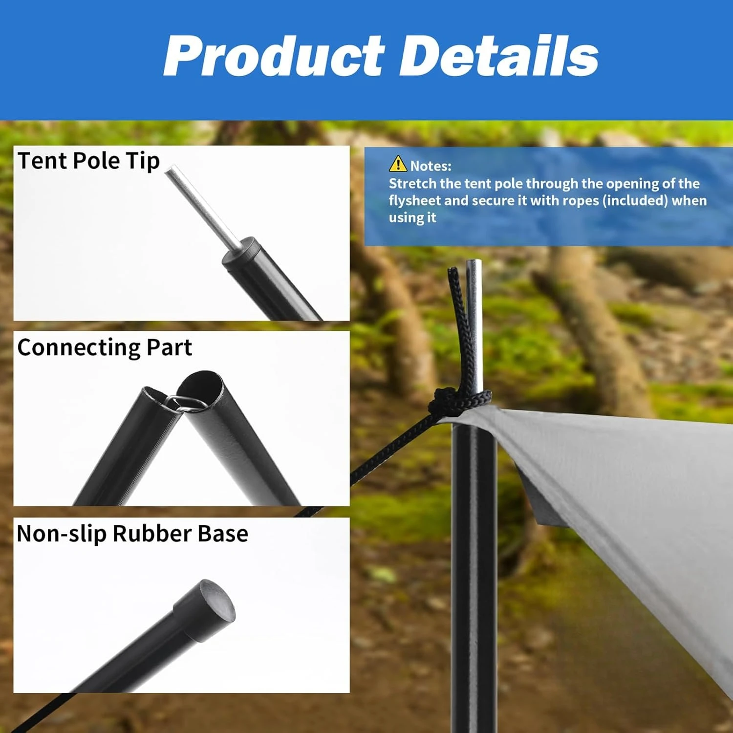 Adjustable Steel Tarp Poles Set with Pegs & Ropes for Sun Shelter and Camping Canopy