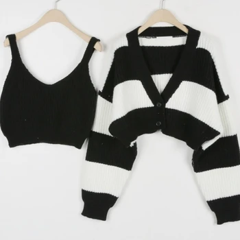 بلوزة نسائية محبوكة بأكمام طويلة ، سويتر ، شريطي ، كارديجان ، قصير ، فضفاض ، كاجوال ، خريف ، شتاء ، موضة ، 2 * * * - Image 2