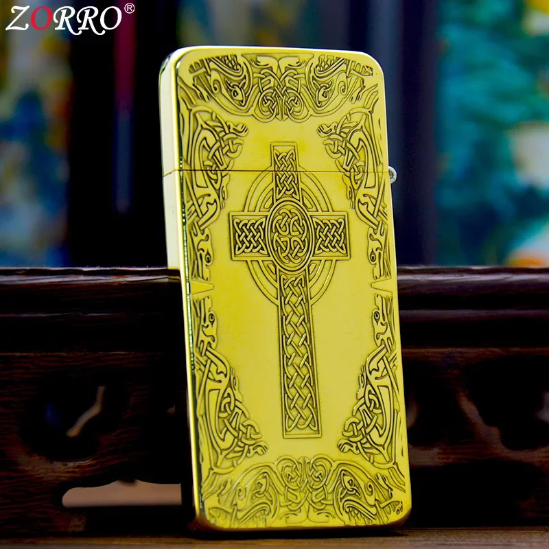 

ZORRO brass finely carved ultra-thin cross kerosene windproof lighter