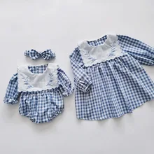 

Spring Sister Family Matching Clothes Cotton Newborn Baby Girls Embroidery Romper Headband Toddler Kid Plaid Dresses Cute Outfit