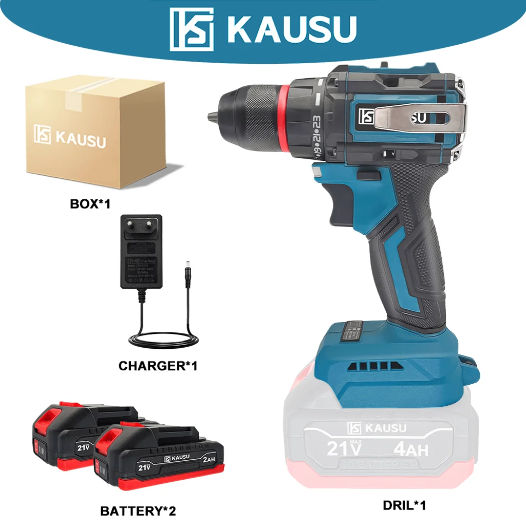 KAUSU Brushless Electric Drill 10MM 23 1 Torque Cordless Drill Variable Speed Rechargeable Power Tool Makita 18V Battery