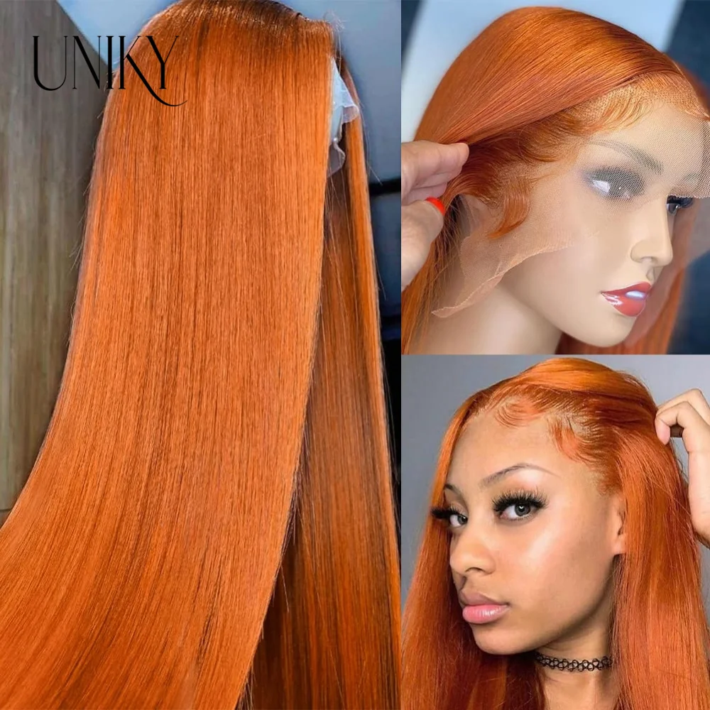 

Ginger Orange Straight Lace Front Wig Pre Plucked Brazilian Highlight Wigs 13x4 13x6 HD Transparent Human Hair Lace Frontal Wig