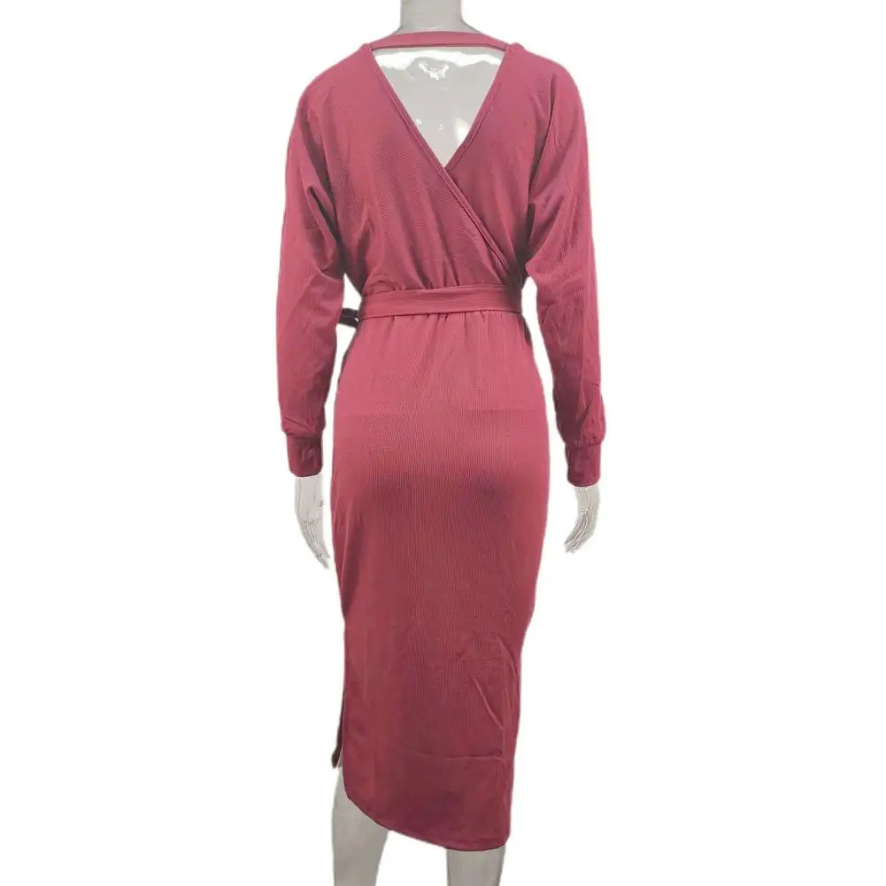 

Однотонное платье, шикарное трикотажное платье с V-образным вырезом и поясом, облегающее платье до середины икры, женская модная мягкая ткань на осень/зиму