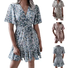

Women's Floral Print Chiffon Sexy Dress 2022 Spring Summer Sexy V-Neck Short Sleeve Tie Female Dress Casual Beach Mini Dress