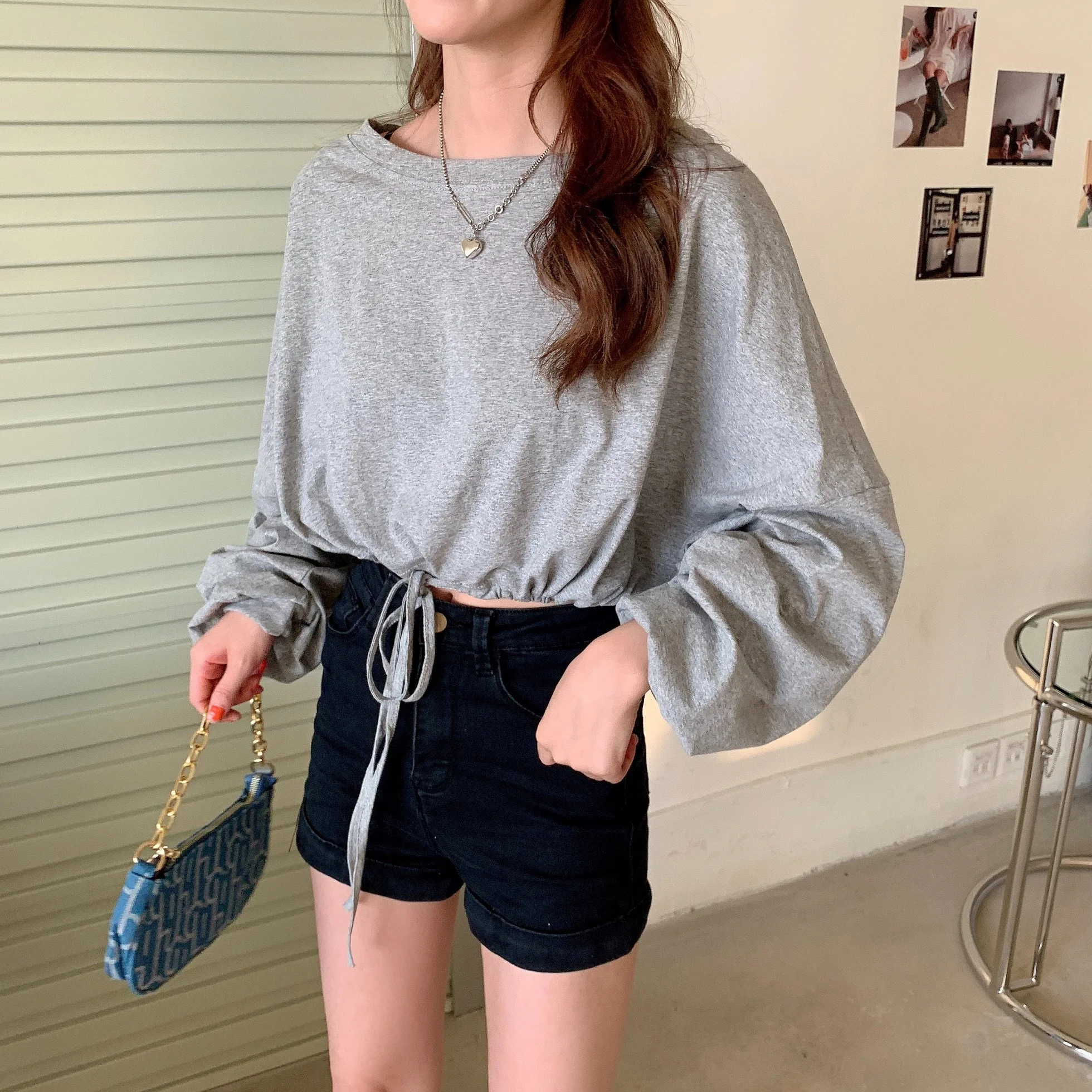 

2023 весенние винтажные Свободные повседневные топы со шнурком и длинным рукавом, однотонные круглые свитшоты в стиле преппи, универсальные свитшоты