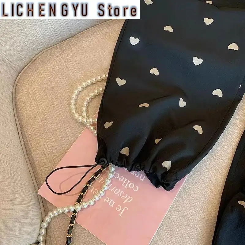 New Black Love Casual Wide-Leg Pants for Women Summer Small High Waist Slimming Drape Cool Ankle Banded Pants