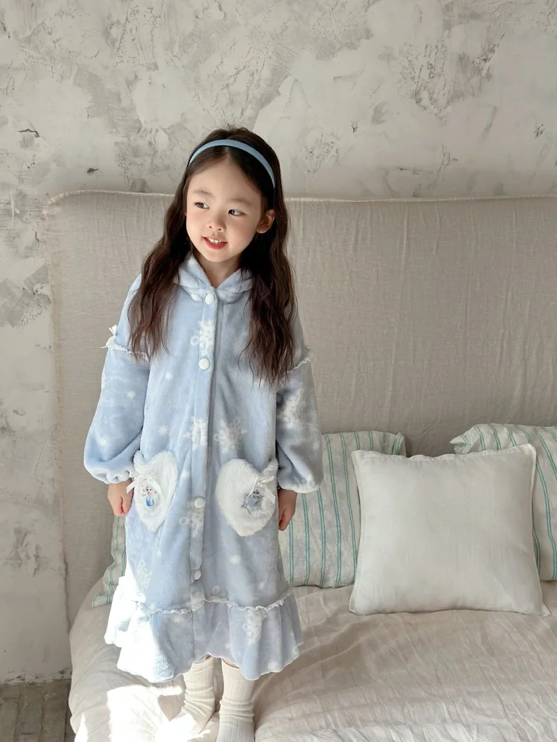 Sanrio New Girl Autumn Cartoon Kuromi Elsa Flannel Home Clothes Sleeping Skirt Warm and Cute Girl Sleeping Skirt Christmas Gift