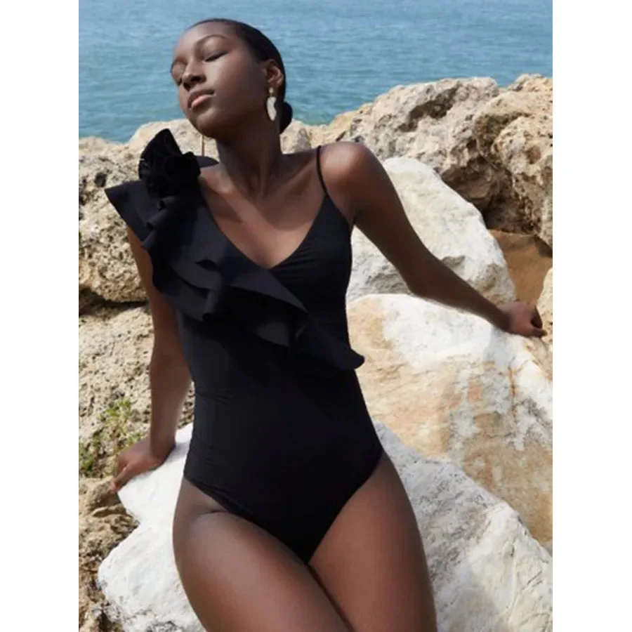 New Women V-Neck Cutout Bikini One-Piece Swimsuit Solid Color Waist-belted Ruffled Swimwear Beachwear Bathing Suits