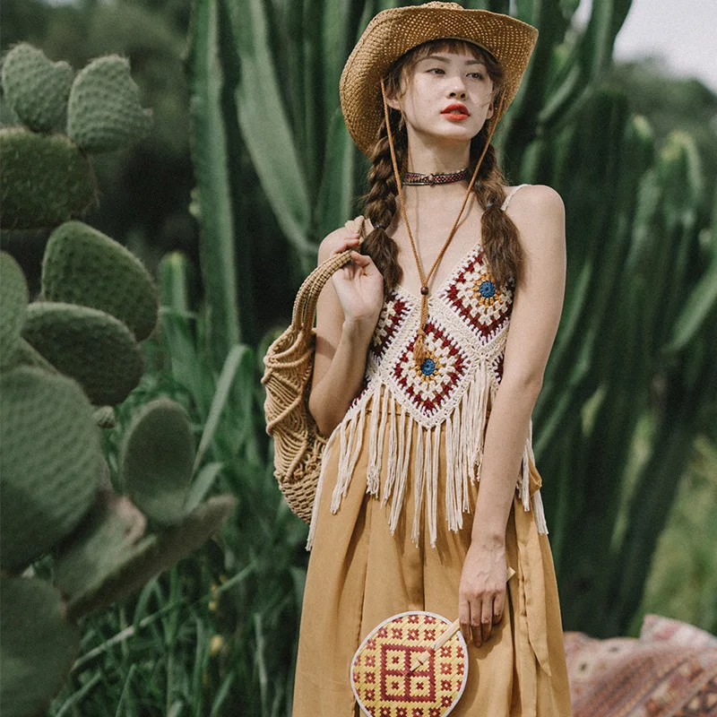 

Latter Rain Boho Vacation Knitted Hollow Tassel Strap Top Summer Women Bikini Cover Up Ethnic Beach Sweet Hotsweet Tank Tops