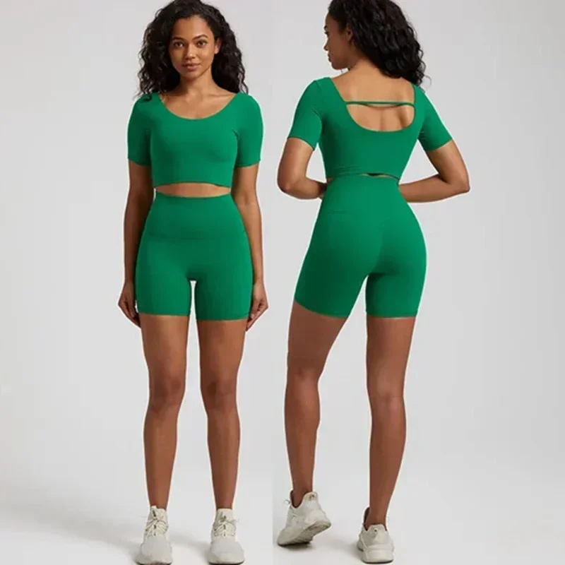 

Lemon Soft Women Sport Suit High Waist Short Sleeve T-Shirt 2pc Short Legging Yoga Set Gym Workout Training Jog Hollow Out