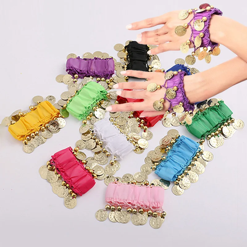 

Chinese Folk Dance Belly Dance Accessories Costume Jewelry 1 Pair Wrist Ankle Cuff Rattle Chiffon Gold Coin Belly Dance Bracelet