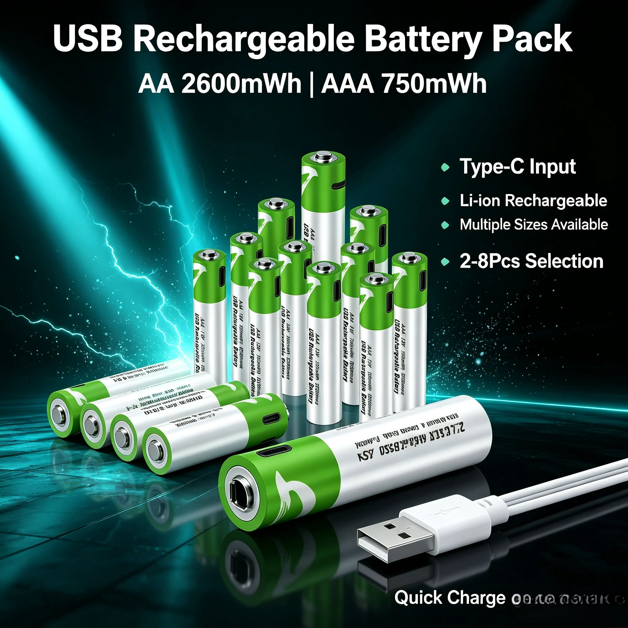 AA 2600mWh & AAA 750mWh 1.5V AA AAA USB Rechargeable Li-ion Batteries Type-C Cable Charging for Mouse Clock Shaver Hermometer 1