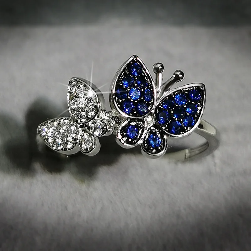 

NEW Stylish Sapphire Double Butterfly Full Diamond Couple Ring For Women Geometric Zircon Bow Engagement Bridal Gift Jewelry
