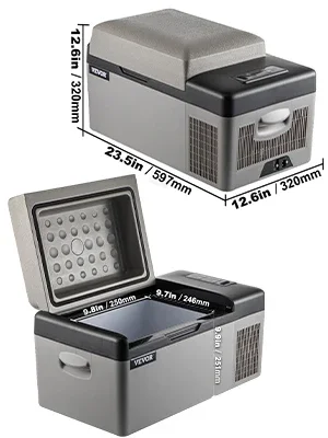 VEVOR portable refrigerator with open and closed views, featuring dimensions and compartments.