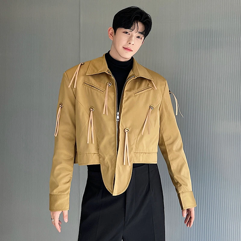 

SYUHGFA Stylish Men's Short Jacket Irregular Placket Chic Button Tassel Jacket Zipper Turn-down Niche Design Male Top Autumn
