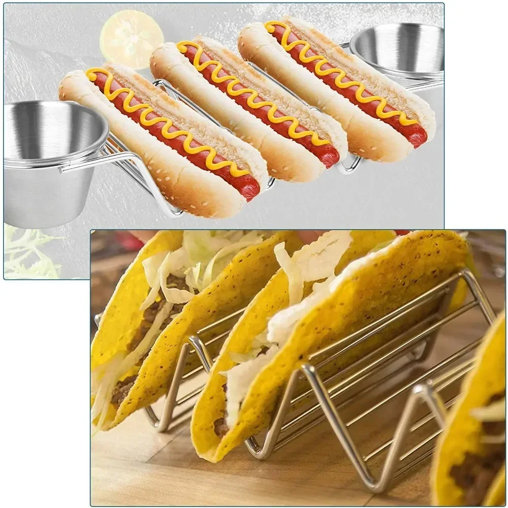 4PCS/Set Taco Holder Stand Set with Sauce Cups and Spoons Stainless Steel Mexican Food Rack Taco Tray for Restaurant Home Use